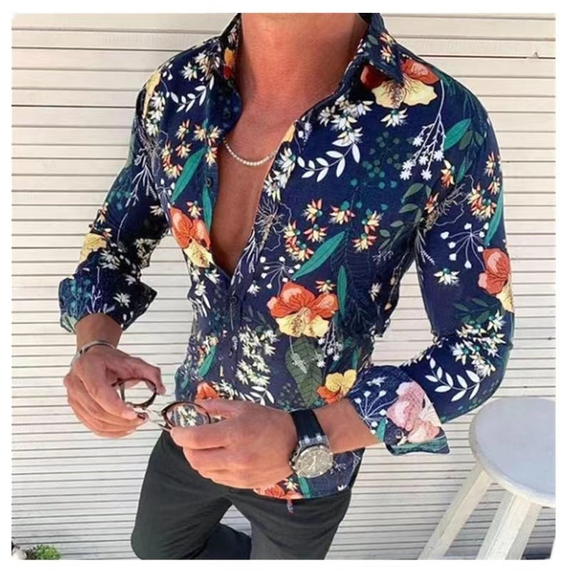 Men’s Vacation Lapel Collar Polyester Shirt - Champlain color / S