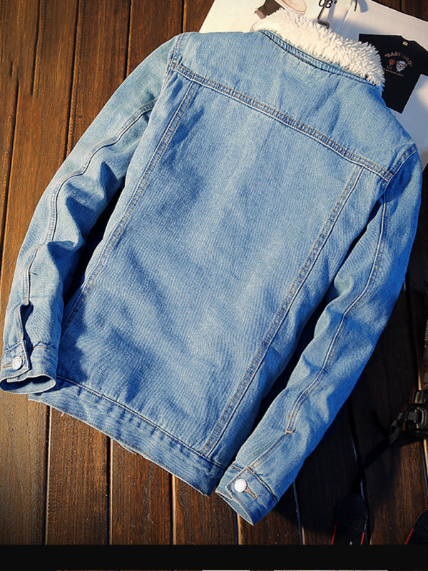 Men’s warm sherpa button lapel denim jacket