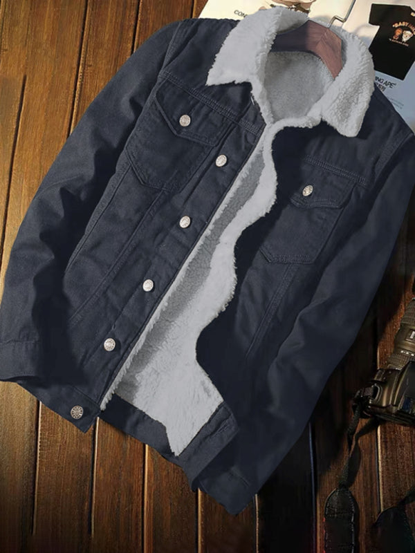 Men’s warm sherpa button lapel denim jacket - Black / S