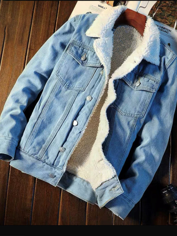 Men’s warm sherpa button lapel denim jacket - Blue / S