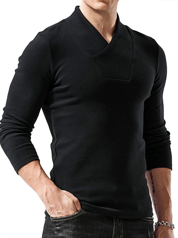 Men’s Woolen V-Neck Stretchy Long Sleeve Tee - Black / S