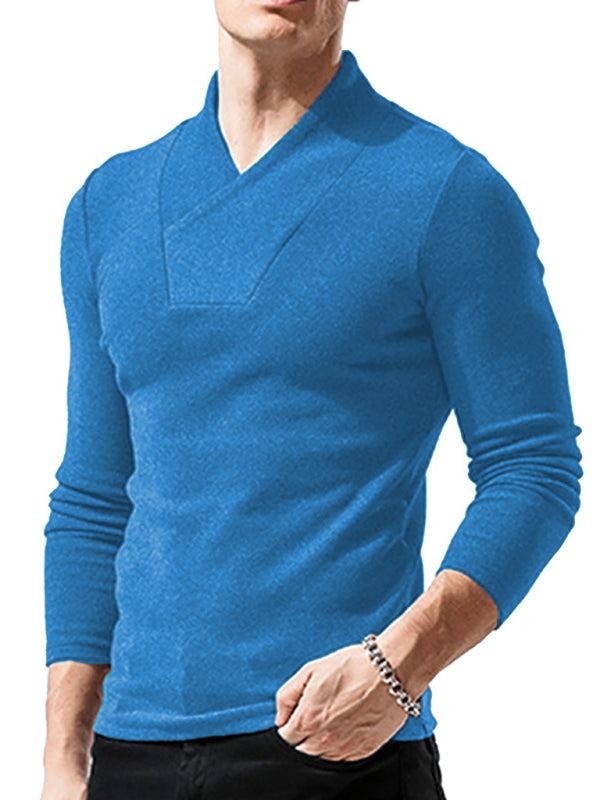 Men’s Woolen V-Neck Stretchy Long Sleeve Tee - Blue / S