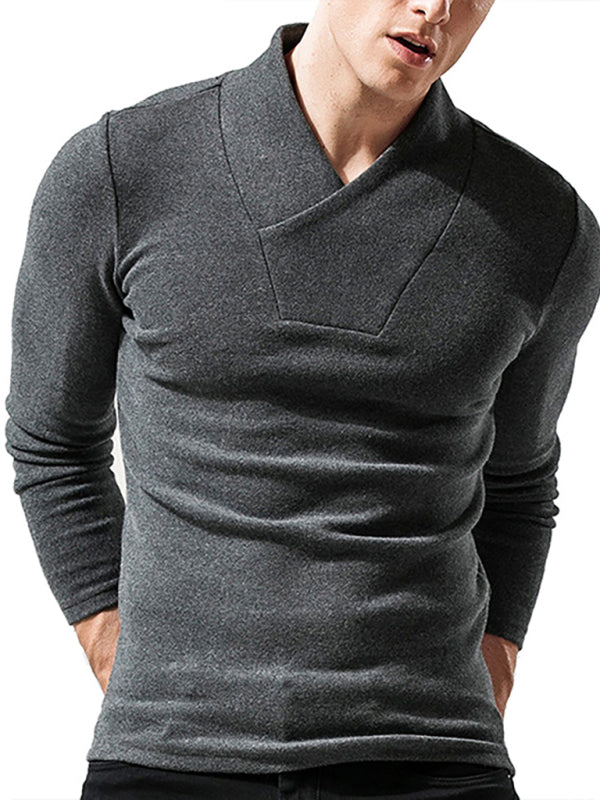 Men’s Woolen V-Neck Stretchy Long Sleeve Tee - Charcoal grey / S