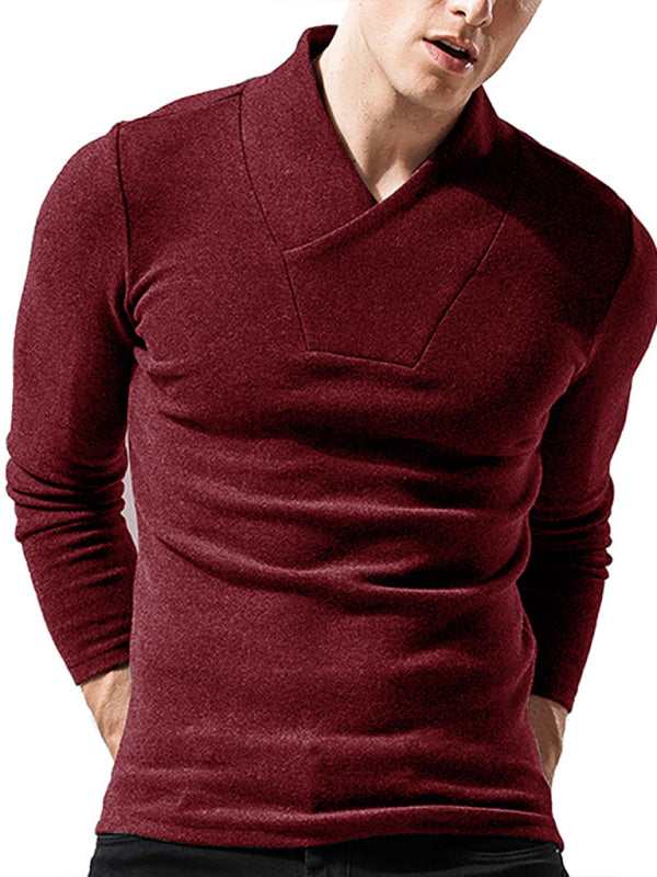 Men’s Woolen V-Neck Stretchy Long Sleeve Tee - Red / S