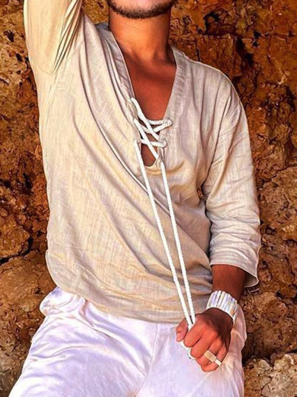 Men’s Woven Casual V-Neck Solid Color Three-quarter Sleeve Shirt