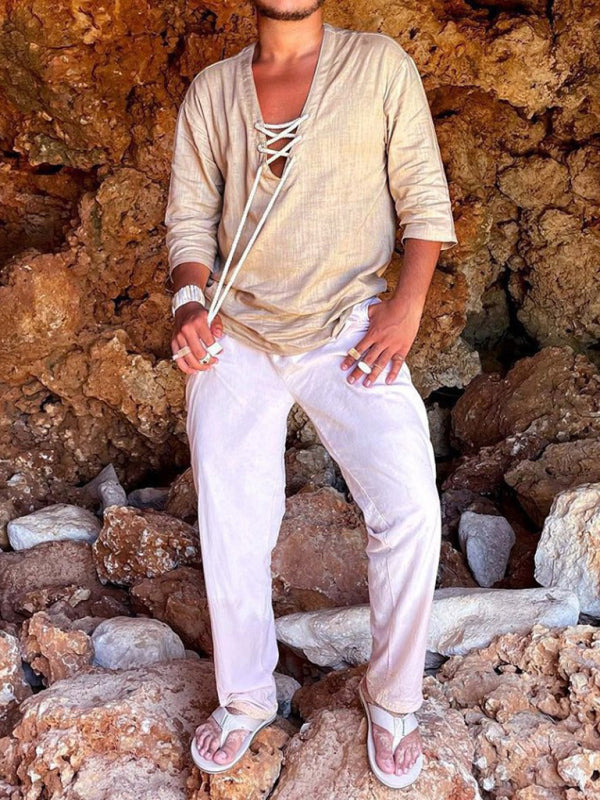 Men’s Woven Casual V-Neck Solid Color Three-quarter Sleeve Shirt