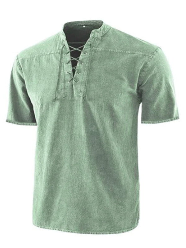 Men’s Woven Retro Lace Up Collar Casual Short Sleeve Shirt