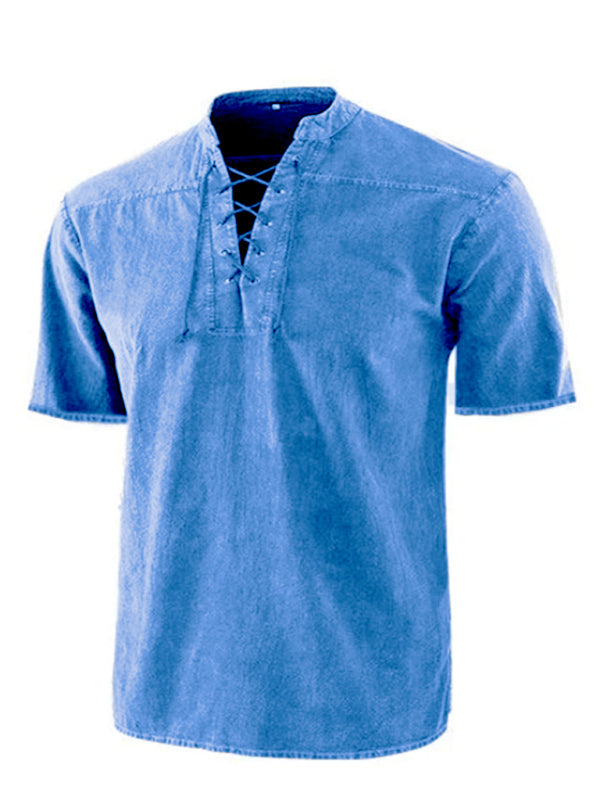 Men’s Woven Retro Lace Up Collar Casual Short Sleeve Shirt - Blue / S