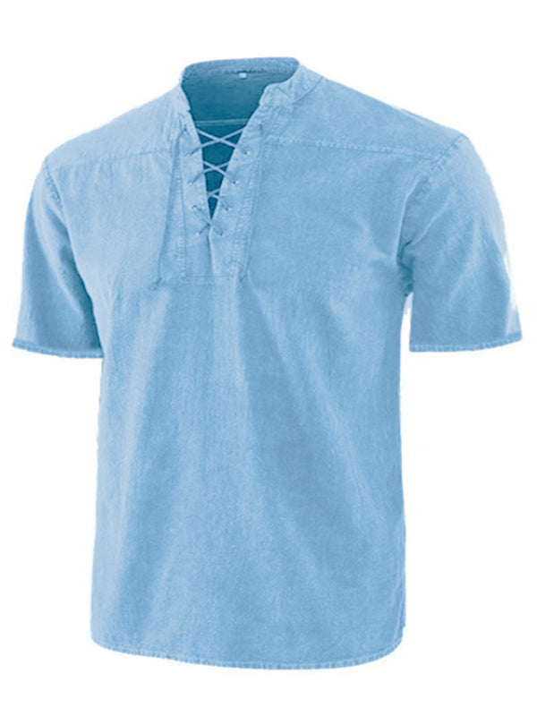 Men’s Woven Retro Lace Up Collar Casual Short Sleeve Shirt - Clear blue / S