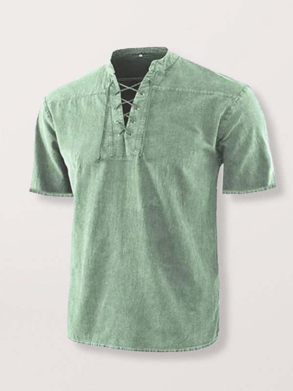 Men’s Woven Retro Lace Up Collar Casual Short Sleeve Shirt - Green / S