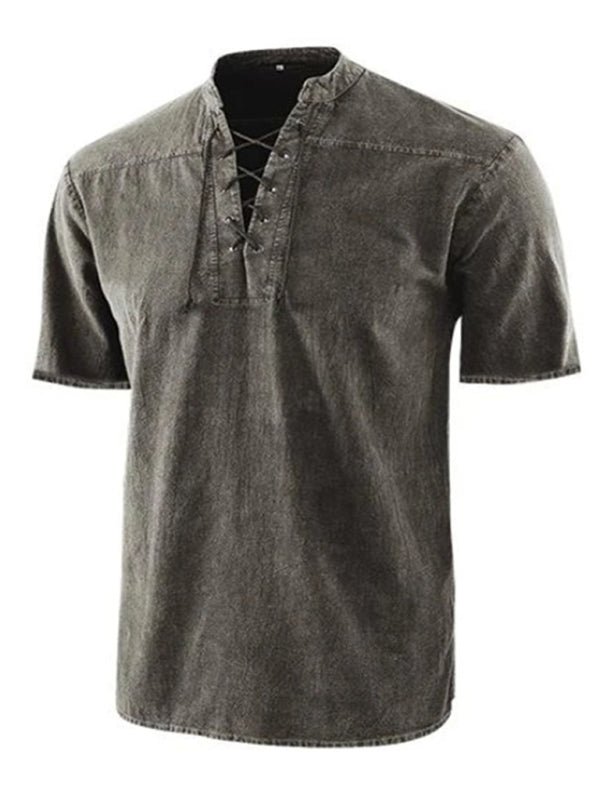 Men’s Woven Retro Lace Up Collar Casual Short Sleeve Shirt - Grey / S