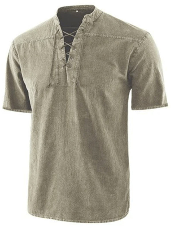 Men’s Woven Retro Lace Up Collar Casual Short Sleeve Shirt - Olive green / S