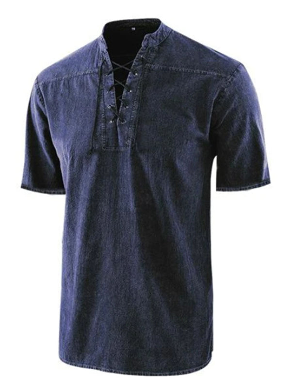 Men’s Woven Retro Lace Up Collar Casual Short Sleeve Shirt - Purplish blue navy / S