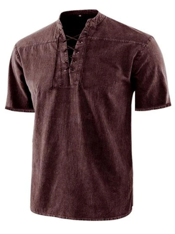 Men’s Woven Retro Lace Up Collar Casual Short Sleeve Shirt - Wine Red / S