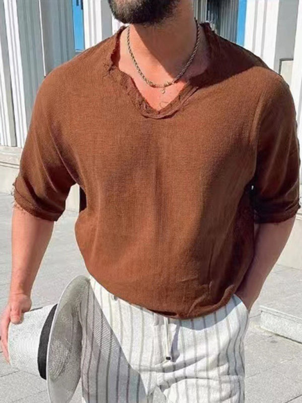 Men’s Woven Short Sleeve V Neck Short Sleeve Top