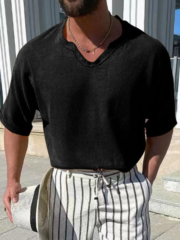 Men’s Woven Short Sleeve V Neck Short Sleeve Top - Black / S