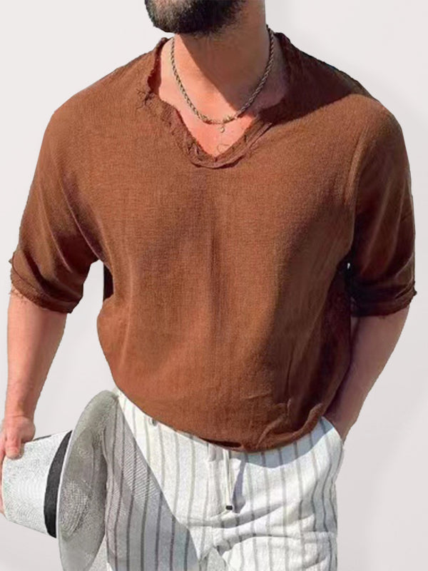 Men’s Woven Short Sleeve V Neck Short Sleeve Top - Coffee / S