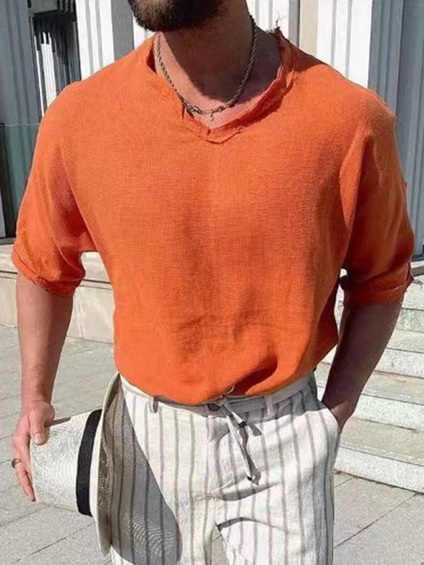Men’s Woven Short Sleeve V Neck Short Sleeve Top - Orange / S