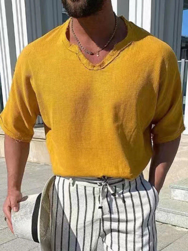 Men’s Woven Short Sleeve V Neck Short Sleeve Top - Yellow / S