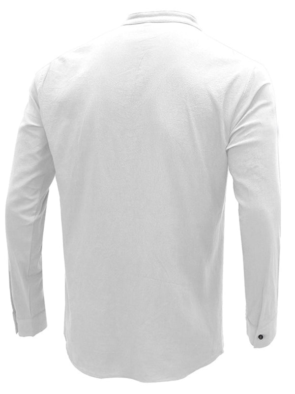 Men’s woven solid color long-sleeved cotton and linen shirt