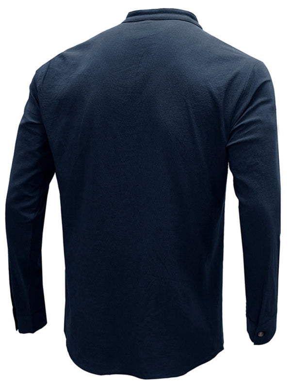 Men’s woven solid color long-sleeved cotton and linen shirt