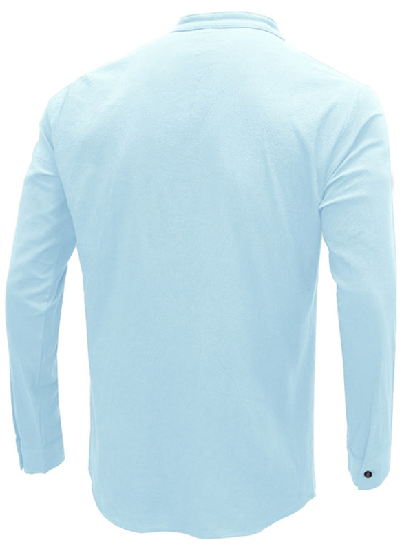 Men’s woven solid color long-sleeved cotton and linen shirt
