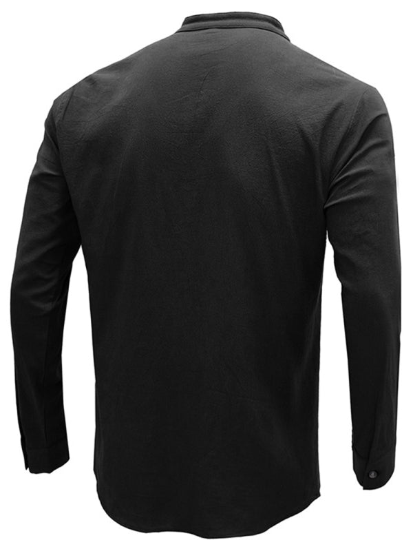Men’s woven solid color long-sleeved cotton and linen shirt