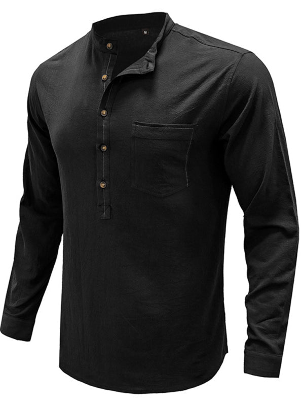 Men’s woven solid color long-sleeved cotton and linen shirt - Black / S