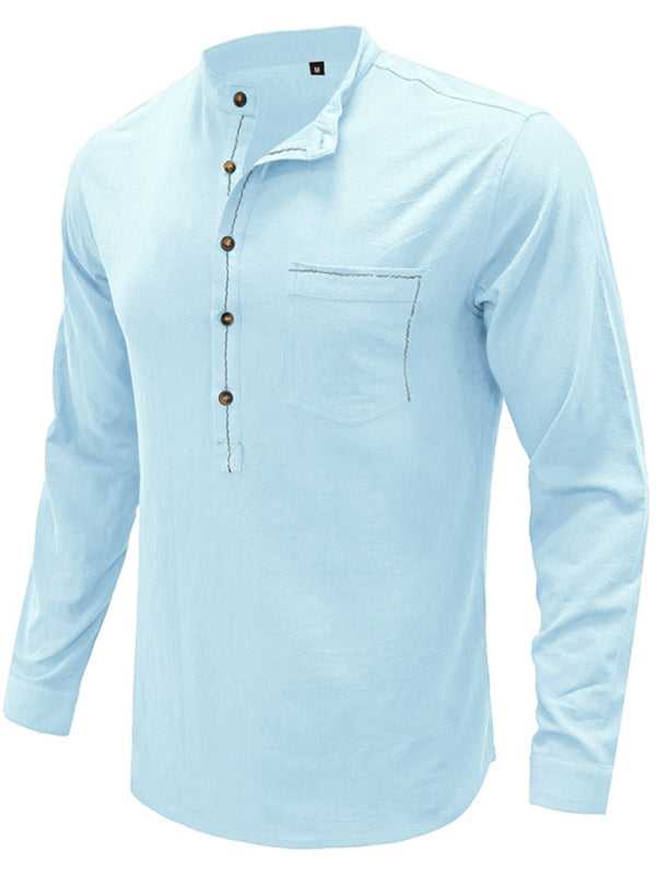 Men’s woven solid color long-sleeved cotton and linen shirt - Clear blue / S