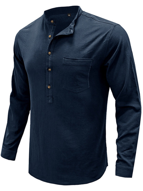 Men’s woven solid color long-sleeved cotton and linen shirt - Purplish blue navy / M