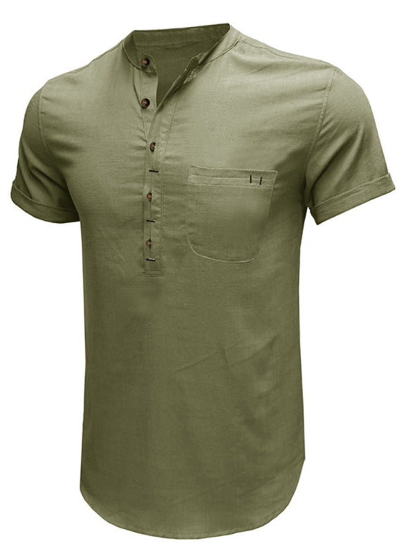Men’s woven solid color short-sleeved cotton and linen shirt