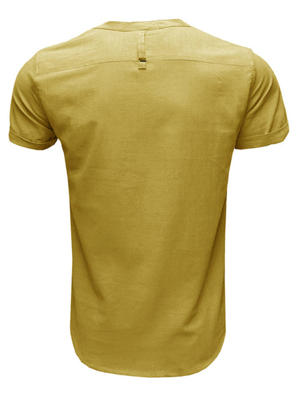 Men’s woven solid color short-sleeved cotton and linen shirt