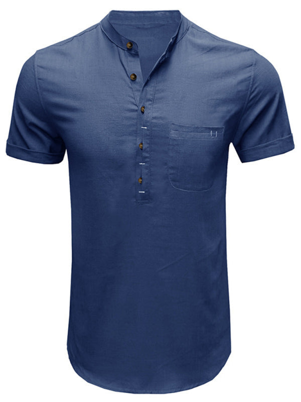 Men’s woven solid color short-sleeved cotton and linen shirt