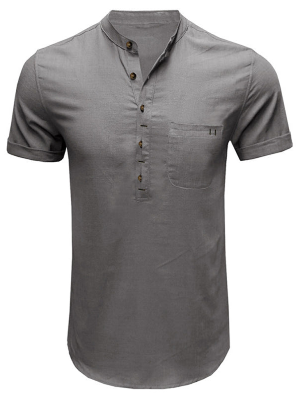 Men’s woven solid color short-sleeved cotton and linen shirt