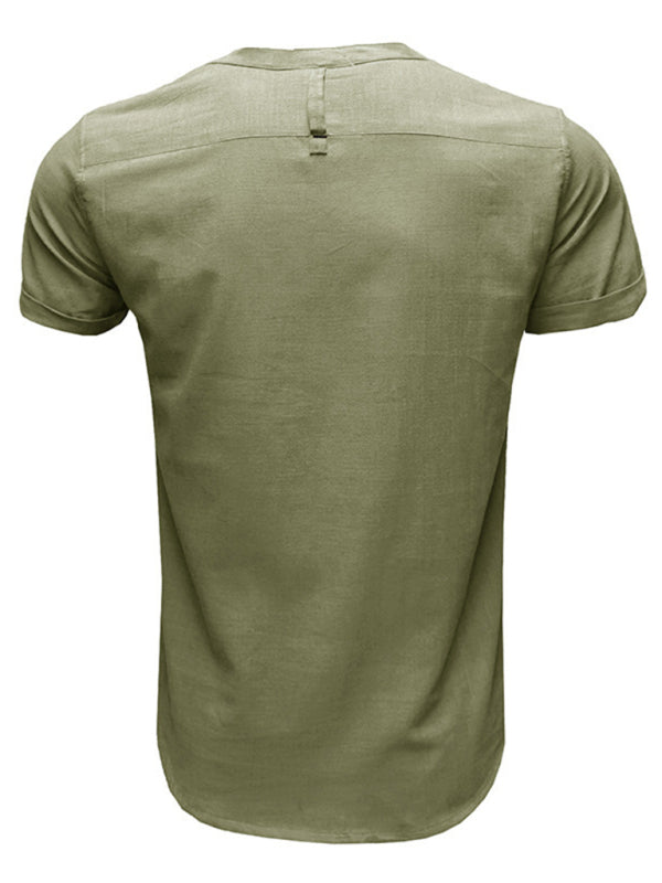 Men’s woven solid color short-sleeved cotton and linen shirt
