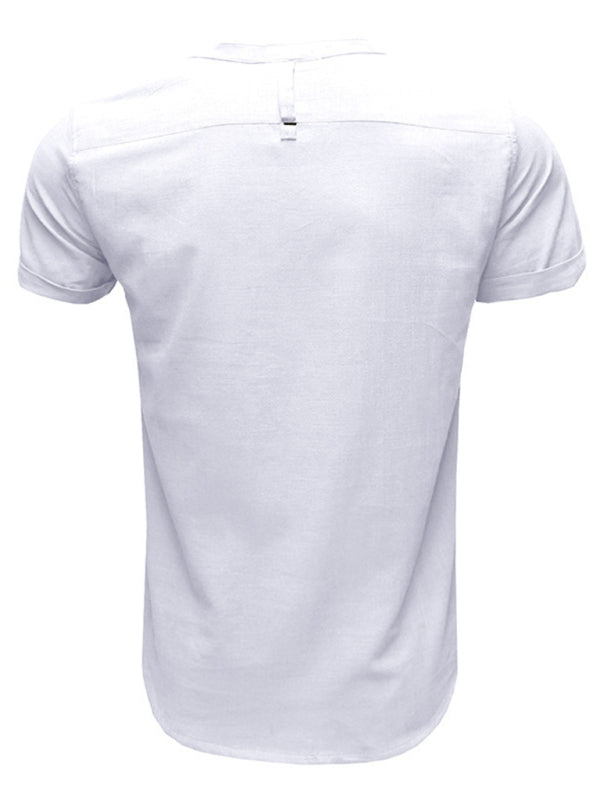 Men’s woven solid color short-sleeved cotton and linen shirt