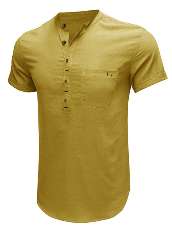 Men’s woven solid color short-sleeved cotton and linen shirt