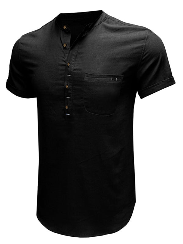 Men’s woven solid color short-sleeved cotton and linen shirt