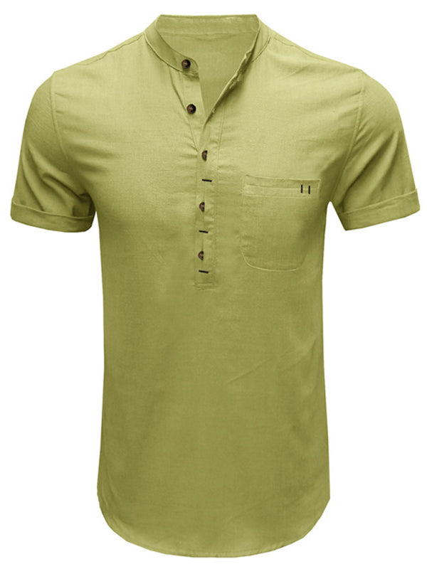 Men’s woven solid color short-sleeved cotton and linen shirt
