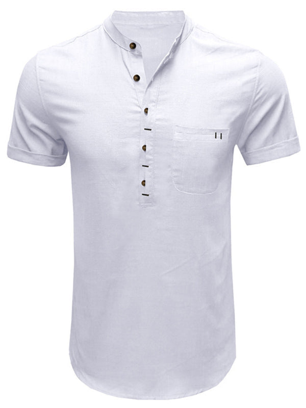 Men’s woven solid color short-sleeved cotton and linen shirt