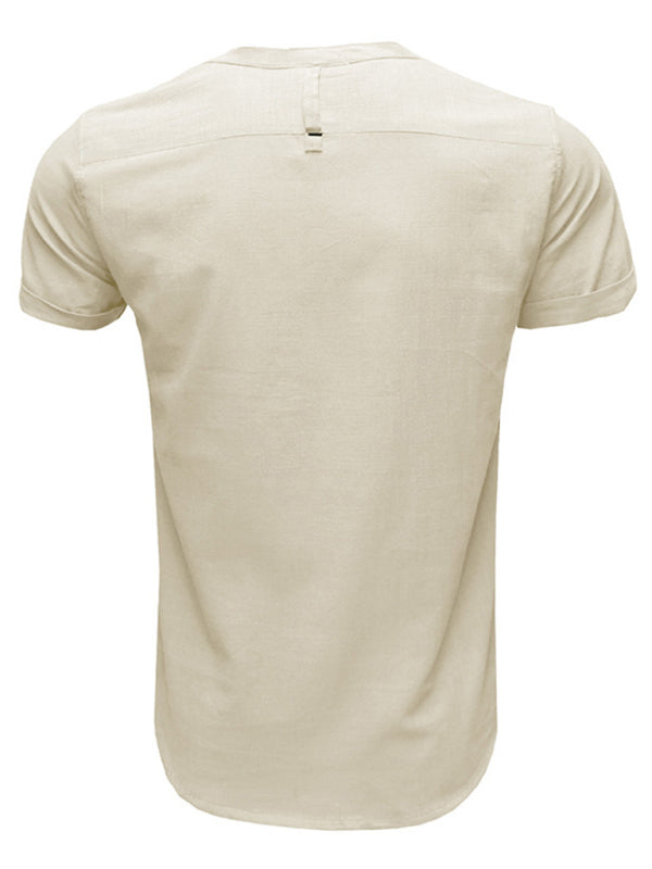Men’s woven solid color short-sleeved cotton and linen shirt