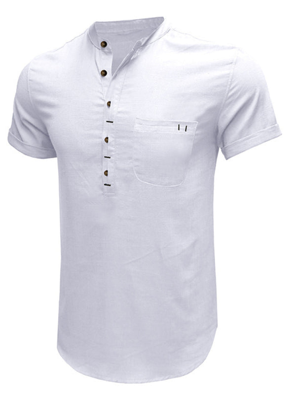 Men’s woven solid color short-sleeved cotton and linen shirt