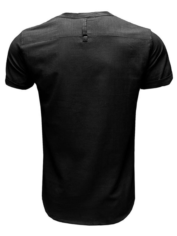 Men’s woven solid color short-sleeved cotton and linen shirt