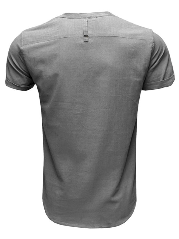 Men’s woven solid color short-sleeved cotton and linen shirt