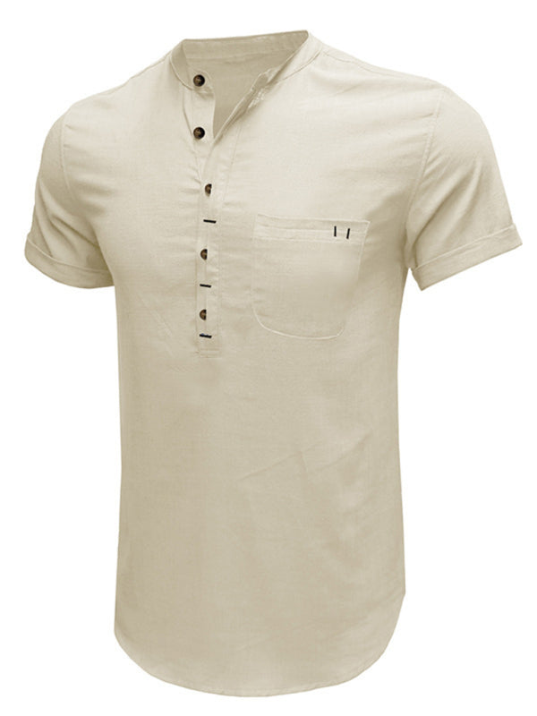 Men’s woven solid color short-sleeved cotton and linen shirt