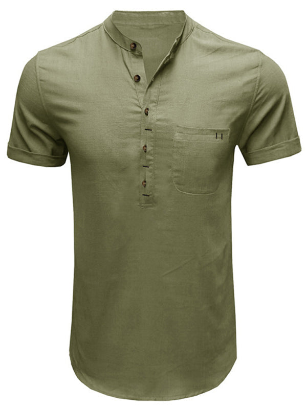 Men’s woven solid color short-sleeved cotton and linen shirt