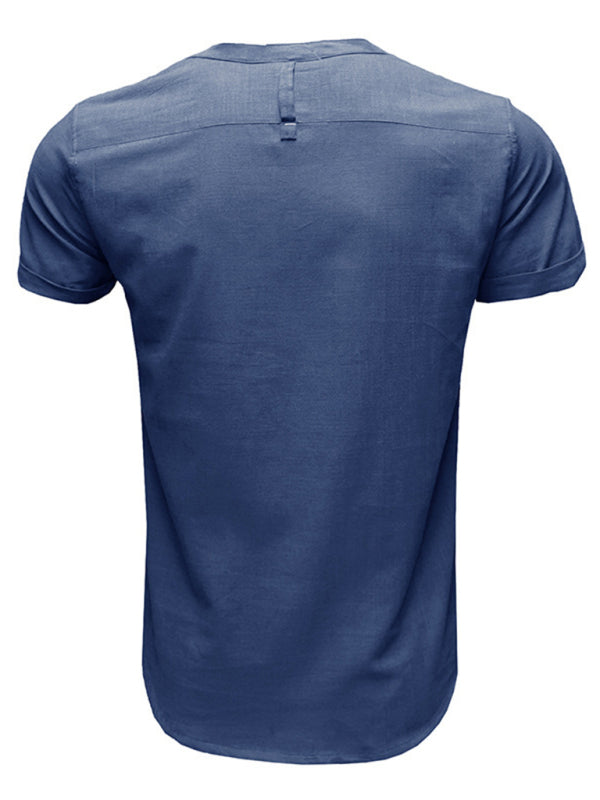 Men’s woven solid color short-sleeved cotton and linen shirt