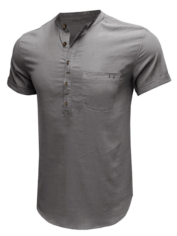 Men’s woven solid color short-sleeved cotton and linen shirt