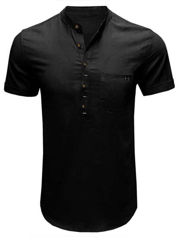 Men’s woven solid color short-sleeved cotton and linen shirt