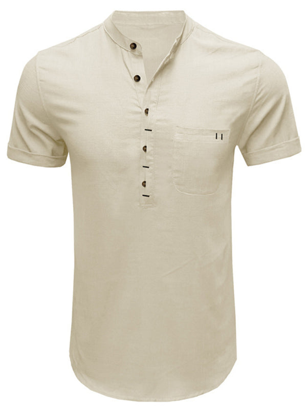 Men’s woven solid color short-sleeved cotton and linen shirt